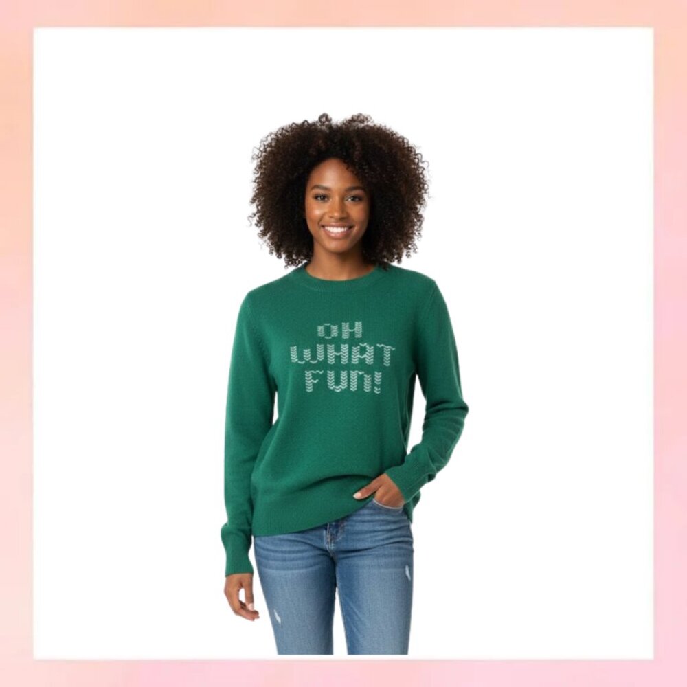 Pink Victoria's Secret 'OH WHAT FUN!' Holiday Christmas Sweater - Green Knit Med